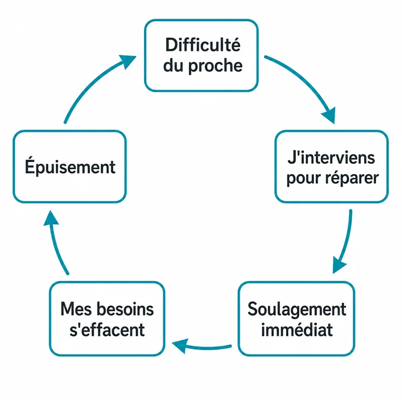 Schéma du cercle : difficulté du proche, intervention pour réparer, soulagement immédiat, effacement de ses propres besoins, épuisement