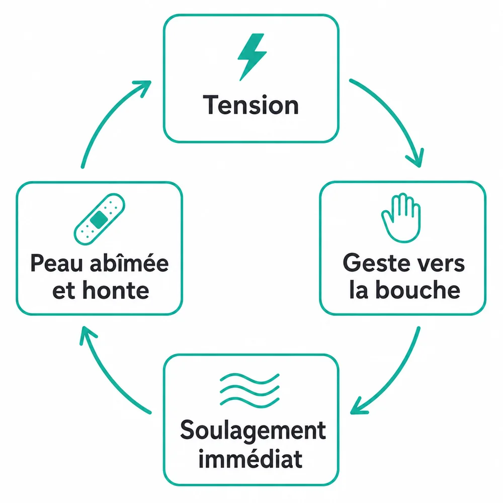 Schéma du cycle de la dermatophagie : tension, geste vers la bouche, soulagement immédiat, peau abîmée et honte, puis retour de la tension