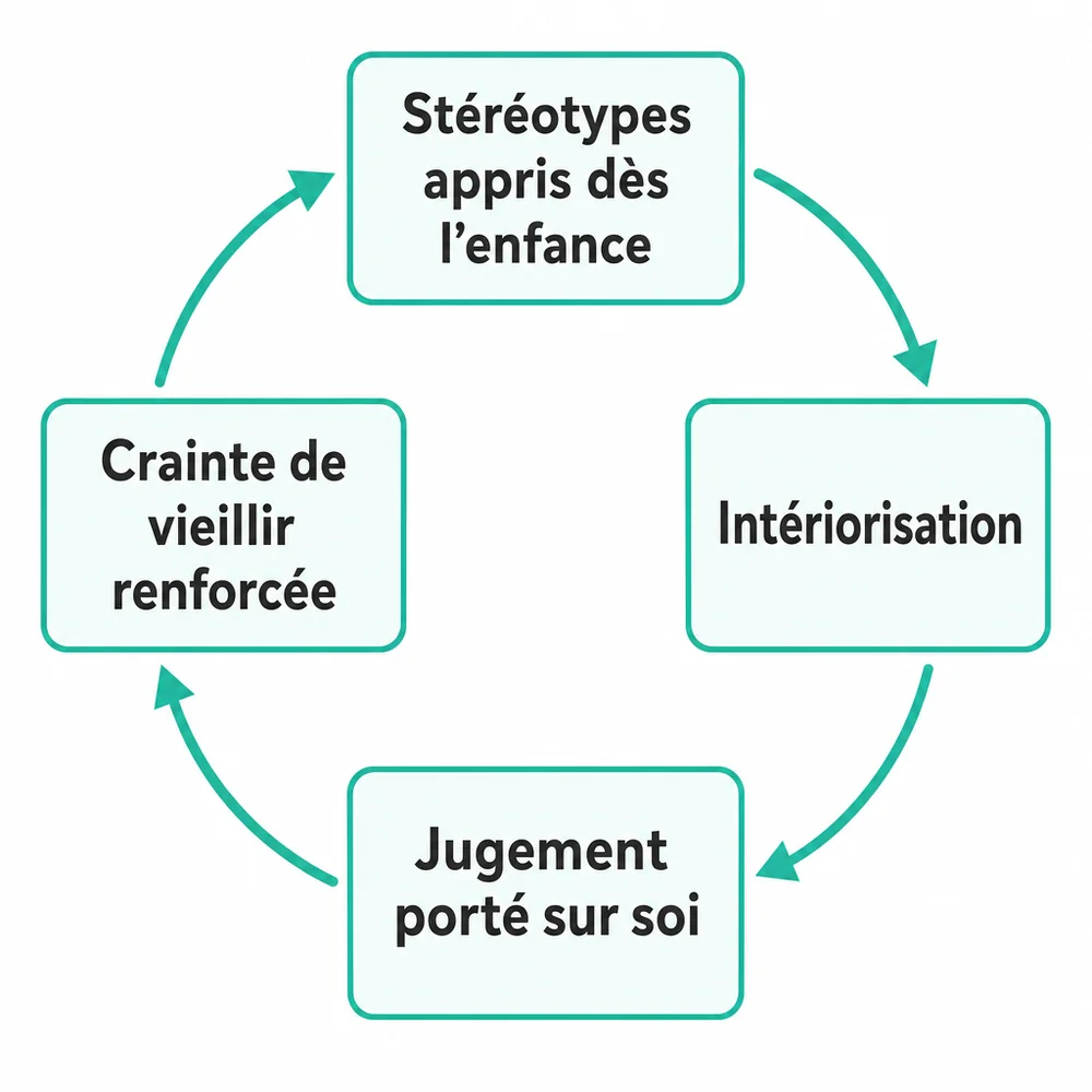 Schéma en quatre étapes : stéréotypes d'âge appris dès l'enfance, intériorisation, jugement porté sur soi, crainte de vieillir renforcée