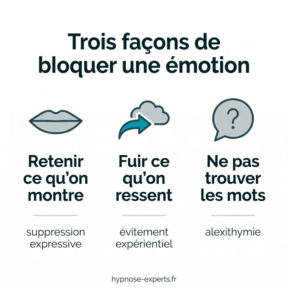 Schéma des trois façons de bloquer une émotion : retenir ce qu'on montre (suppression expressive), fuir ce qu'on ressent (évitement expérientiel), ne pas trouver les mots (alexithymie)