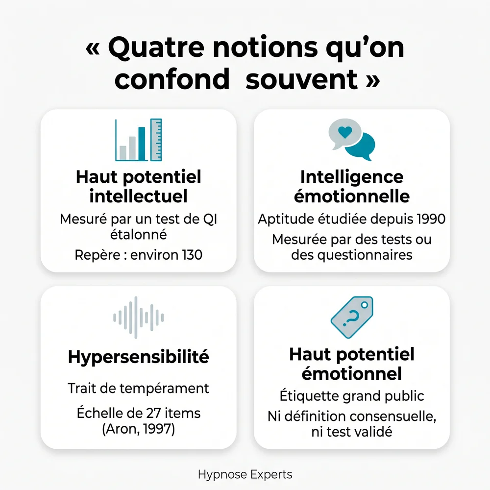 Schéma comparant quatre notions : haut potentiel intellectuel, intelligence émotionnelle, hypersensibilité et haut potentiel émotionnel