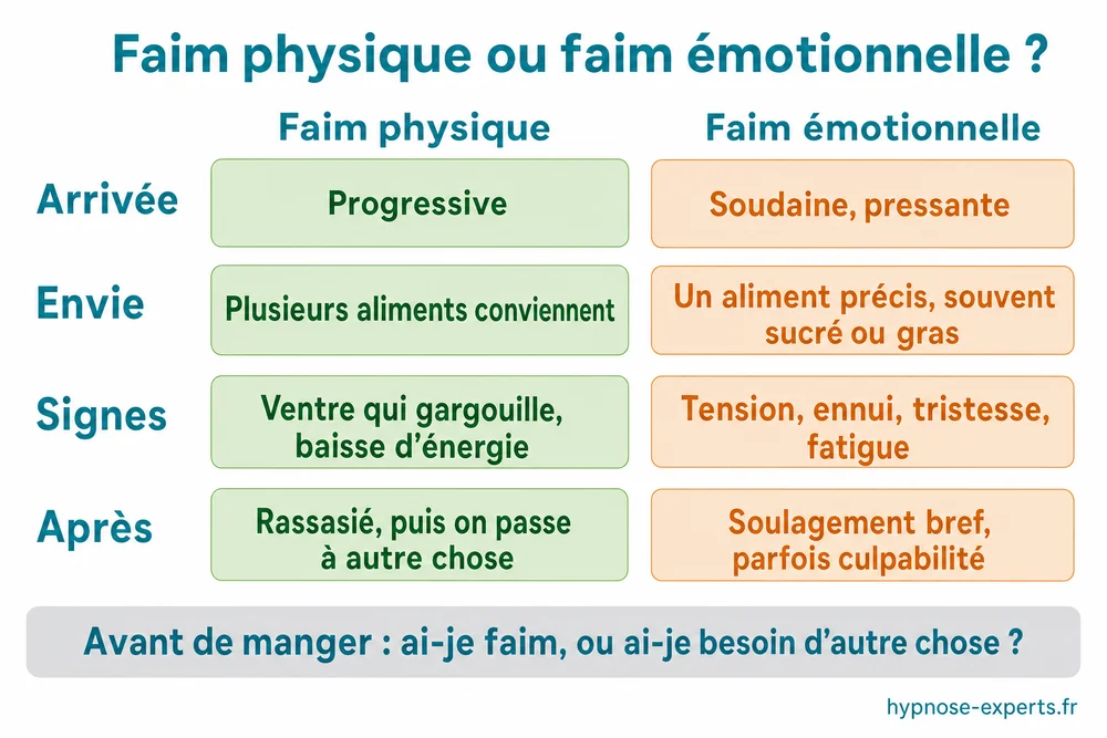 Schéma comparant faim physique et faim émotionnelle sur quatre critères : arrivée progressive ou soudaine, plusieurs aliments ou un aliment précis souvent sucré ou gras, ventre qui gargouille ou tension et ennui, rassasiement ou soulagement bref suivi parfois de culpabilité ; en bas, la question ai-je faim ou ai-je besoin d'autre chose