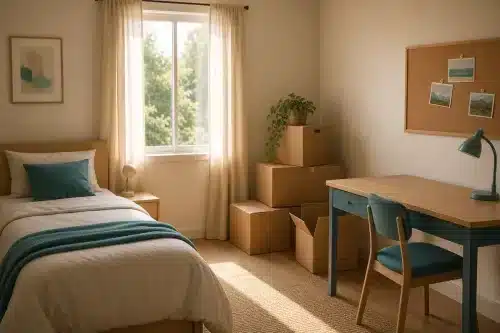 Chambre d'un enfant parti du foyer, lit fait, bureau vide et cartons de déménagement