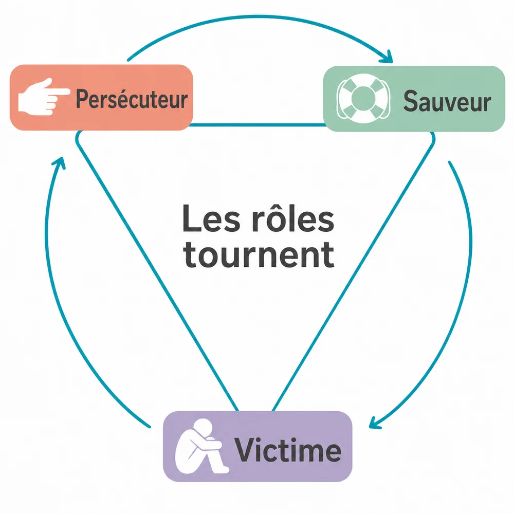 Schéma du triangle dramatique : Persécuteur et Sauveur en haut, Victime en bas, des flèches montrant que les rôles tournent